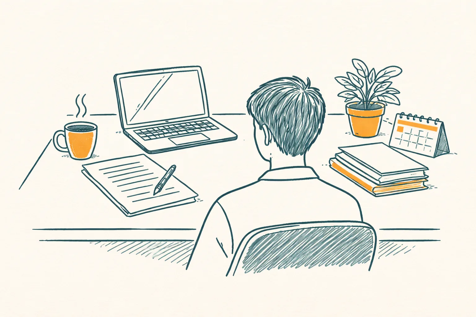 Line illustration of a tidy desk with an employment contract, laptop and coffee